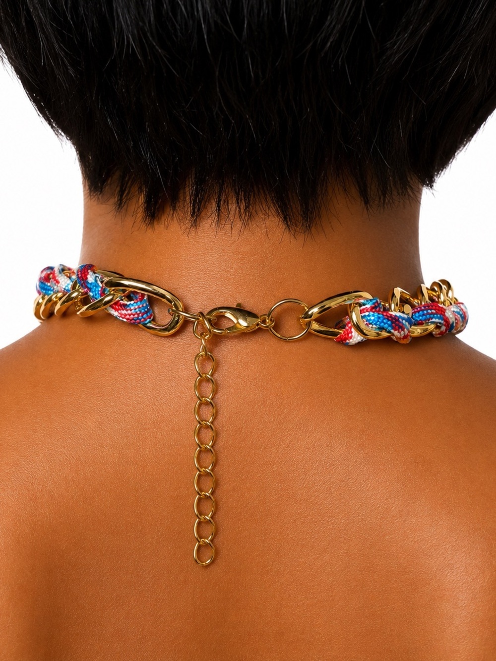 Colorful Floral Statement Necklace | Blue & Fuchsia Flowers | Chunky Gold Chain - Picture 3 of 5